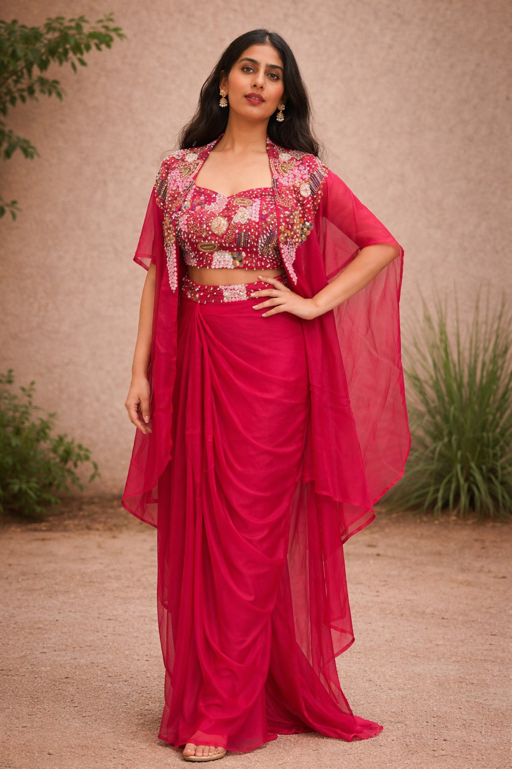 Pink Embroidered Paplam Drape Set