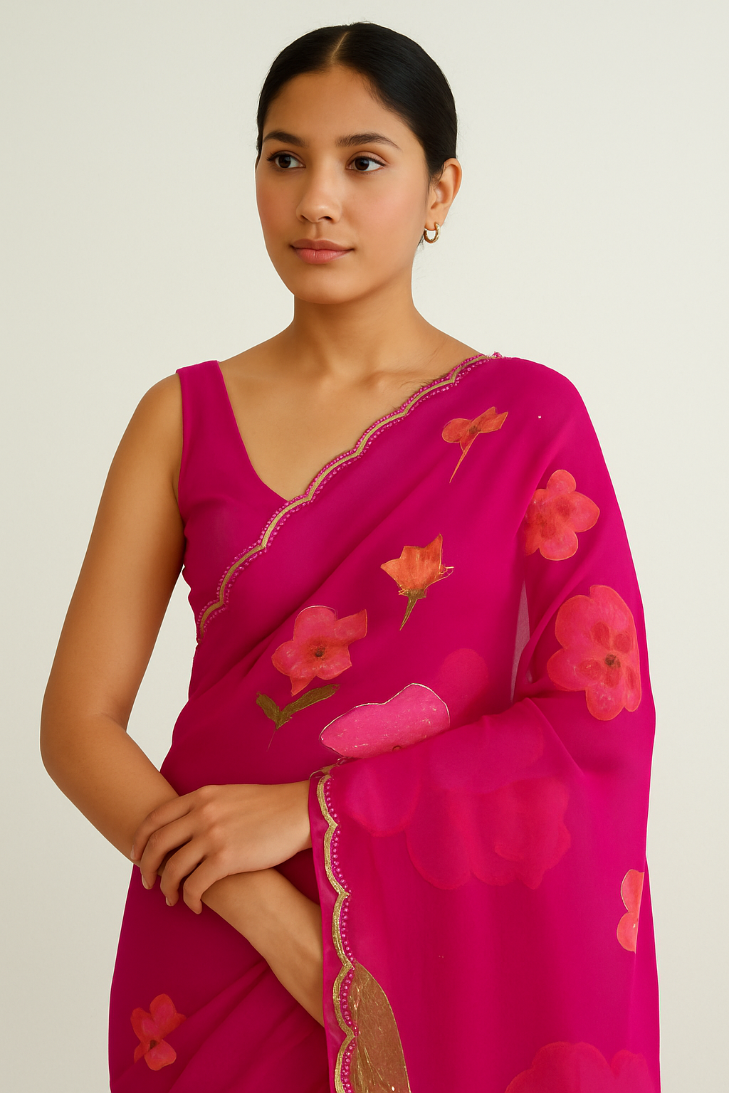Chiffon Rani Pink Printed Saree