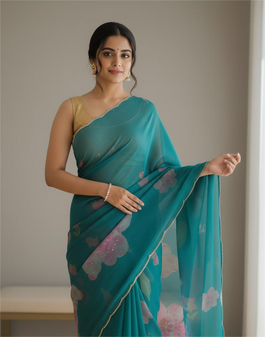 Teal Green Chiffon Printed Saree