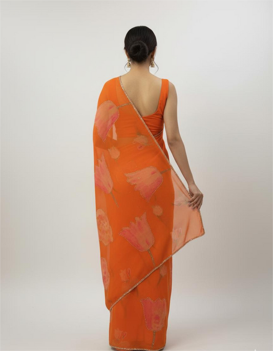 Tangerine Orange Chiffon Printed Saree
