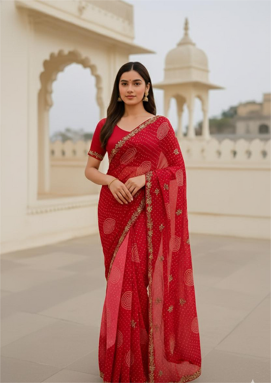 Red Gottal patti Pure Georgette Saree