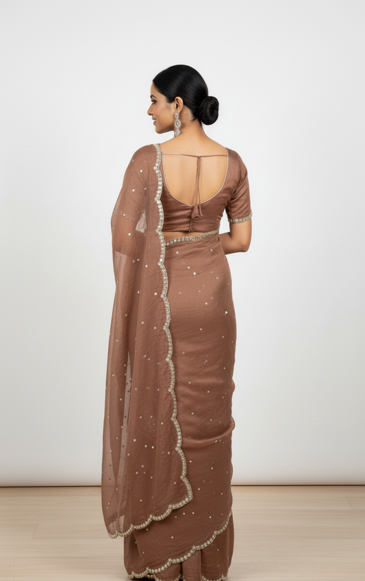 coffee brown crystal work saree