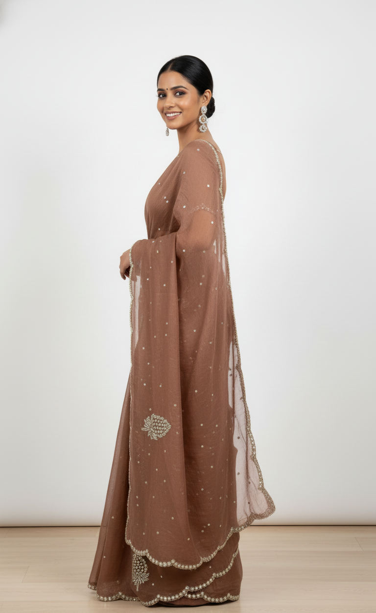 coffee brown crystal work saree