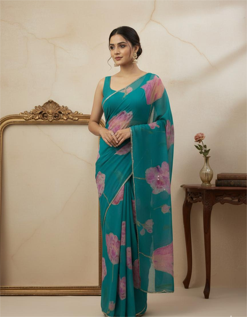 Teal Green Chiffon Printed Saree