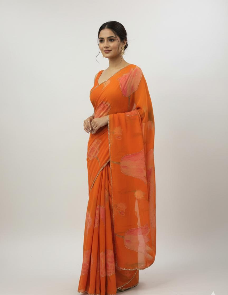 Tangerine Orange Chiffon Printed Saree