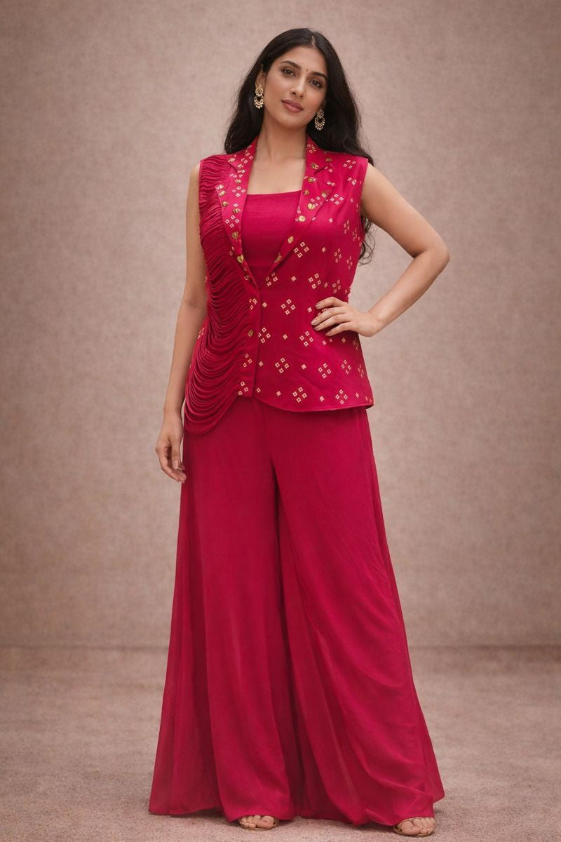 Pink Bandhani Top with Ho Silk Palazzo Set