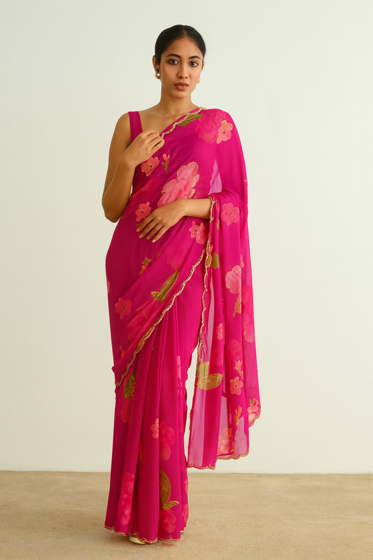 Chiffon Rani Pink Printed Saree