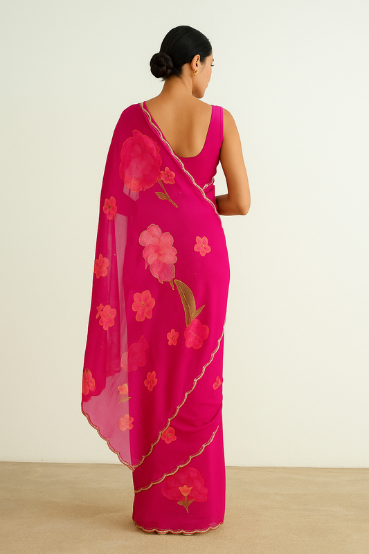 Chiffon Rani Pink Printed Saree