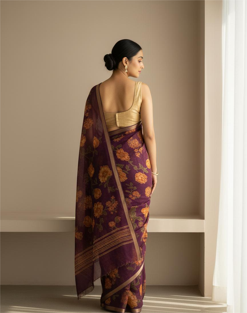 Brown Chiffon Printed Saree