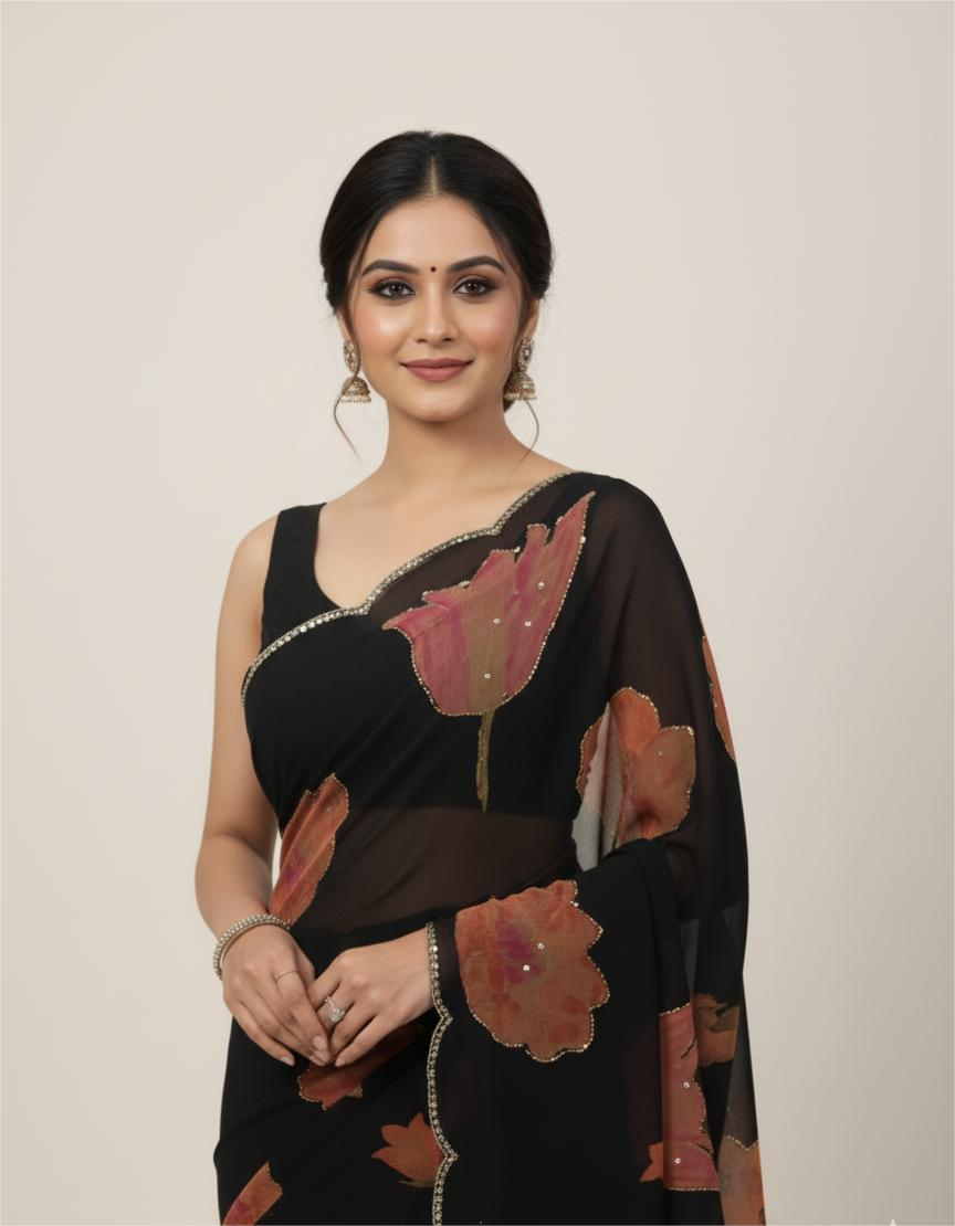 Black Chiffon Printed Saree
