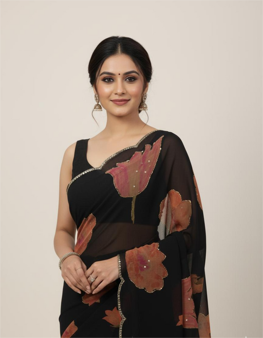 Black Chiffon Printed Saree