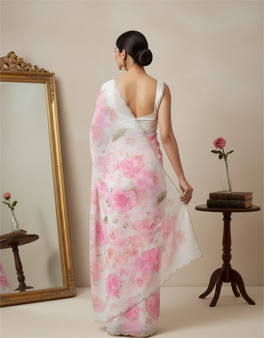 Chiffon White Printed Saree