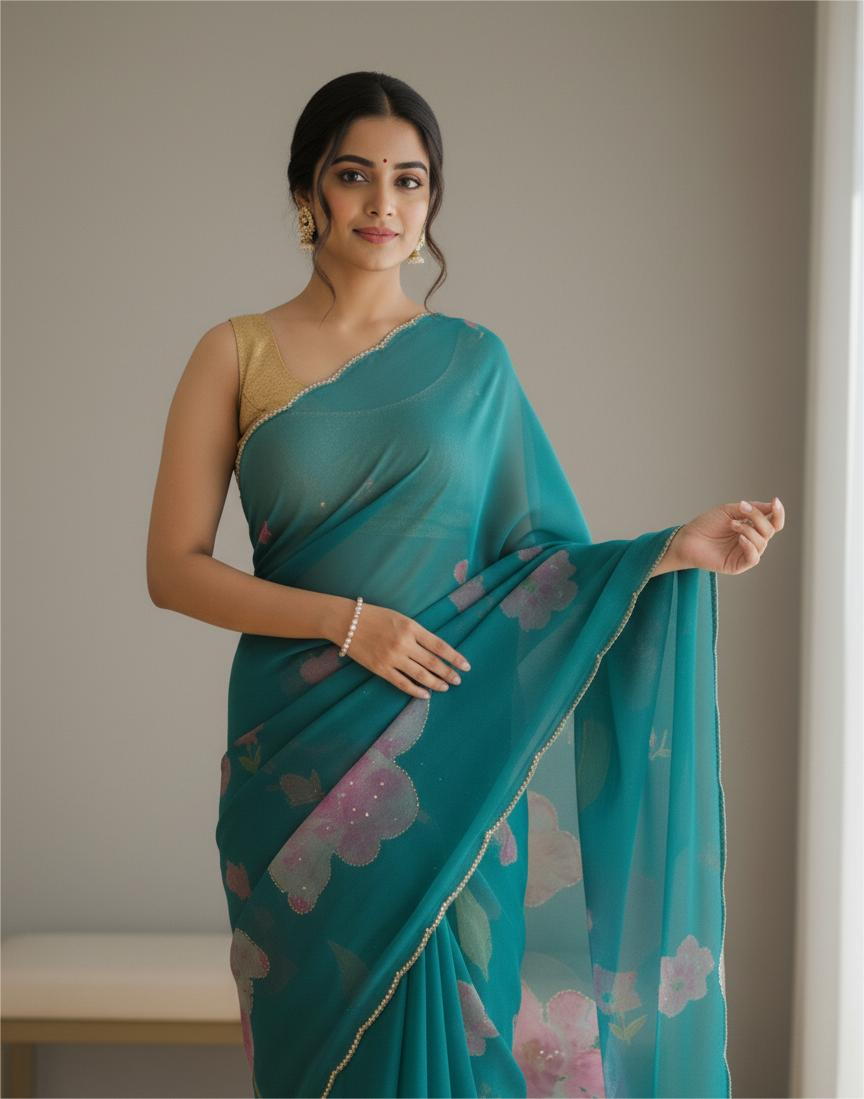 Teal Green Chiffon Printed Saree