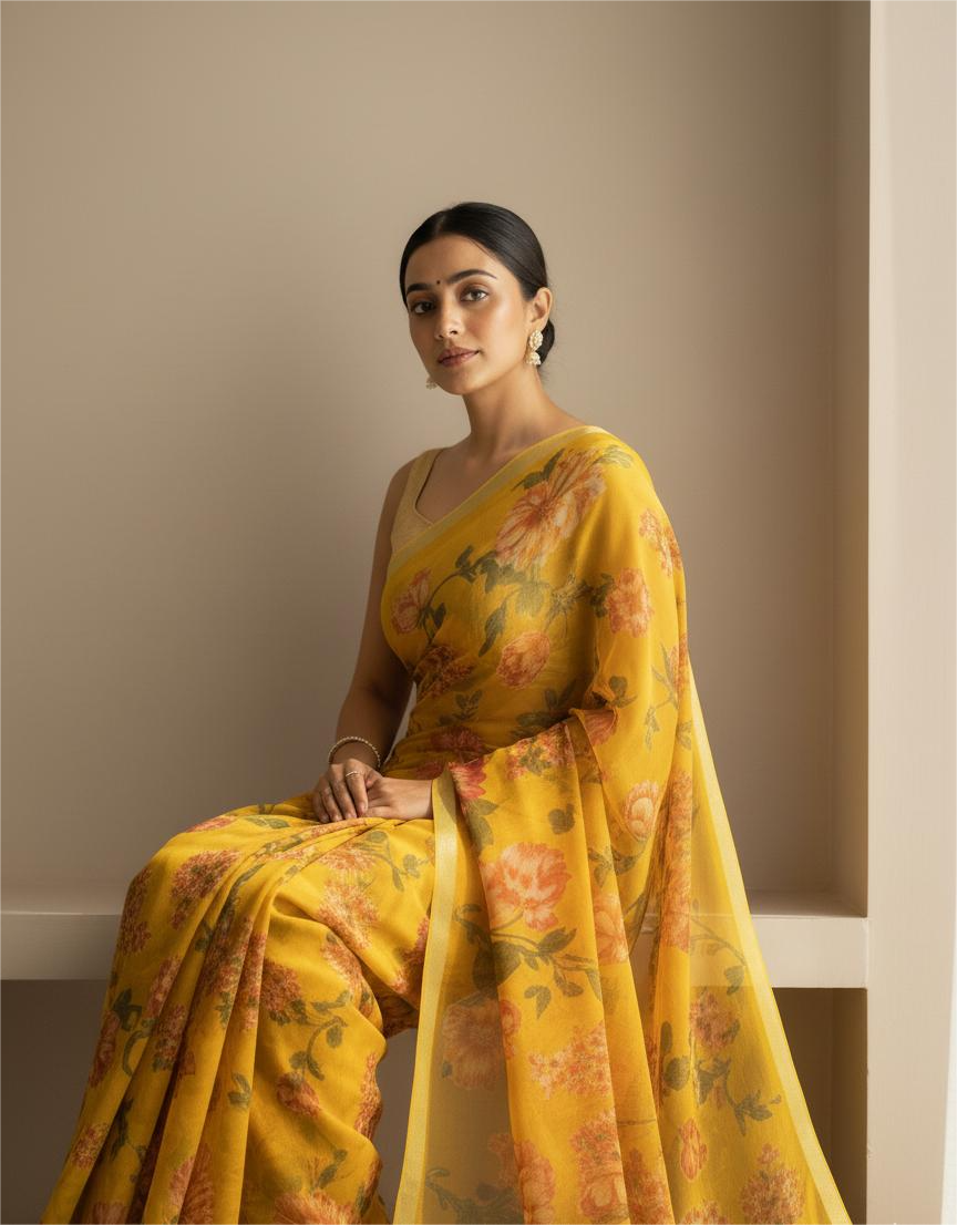 Yellow Floral Printed Pure Chiffon Saree