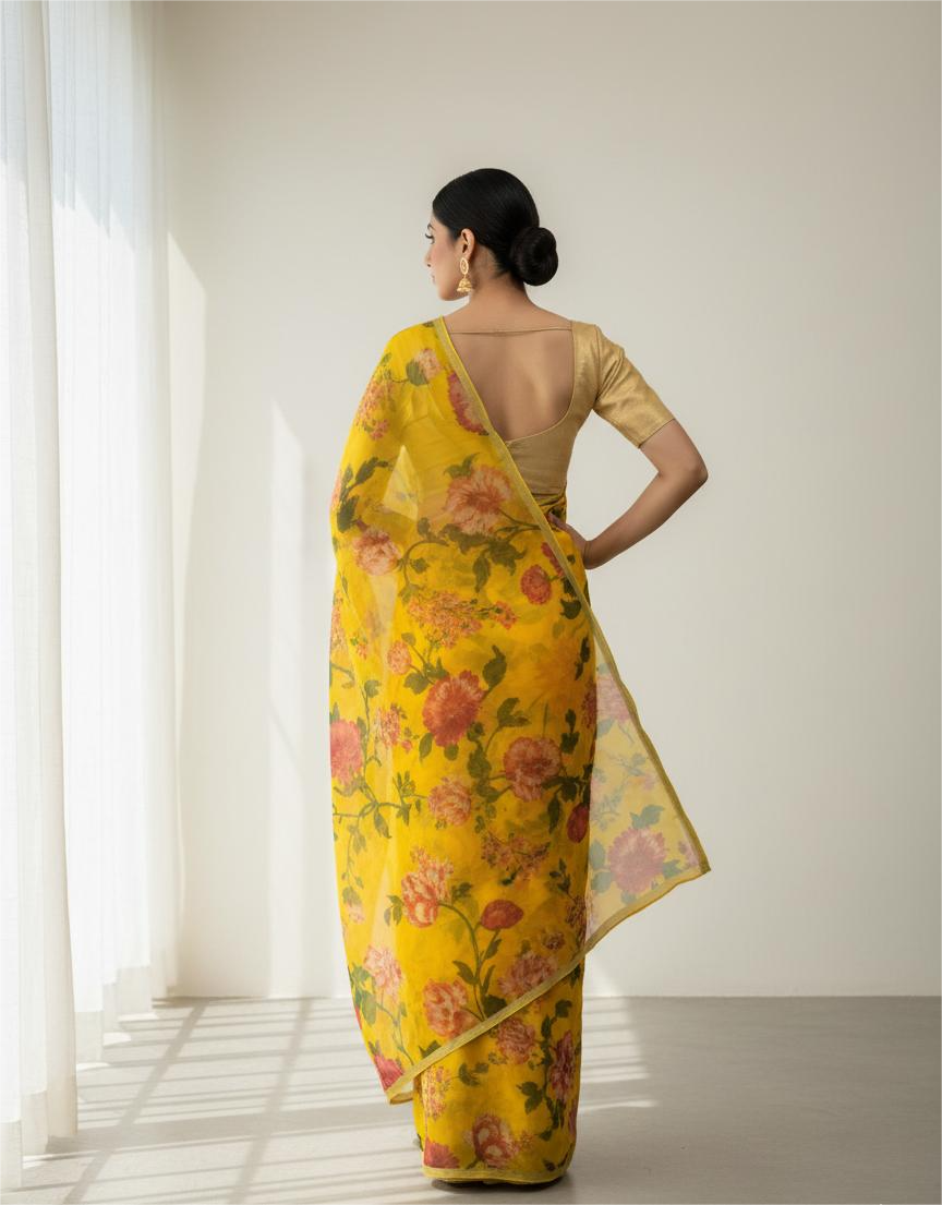Yellow Floral Printed Pure Chiffon Saree