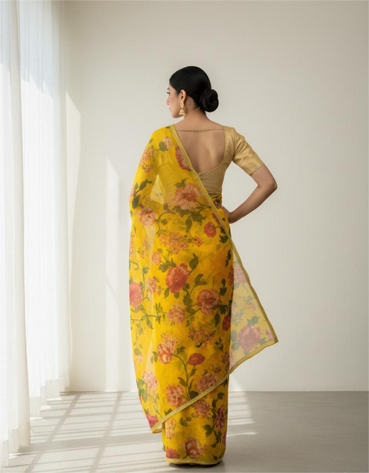 Yellow Floral Printed Pure Chiffon Saree