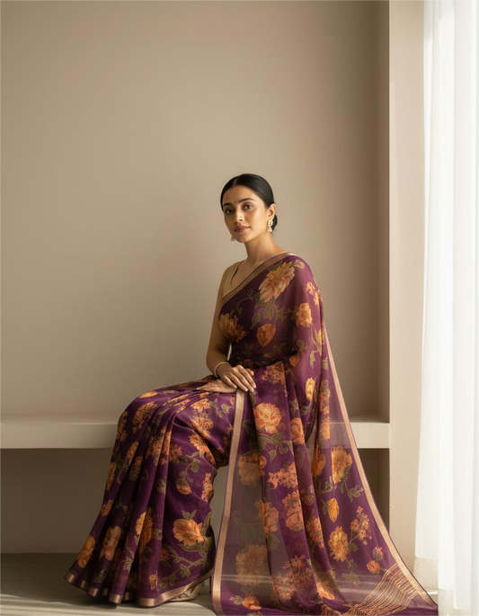 Brown Chiffon Printed Saree