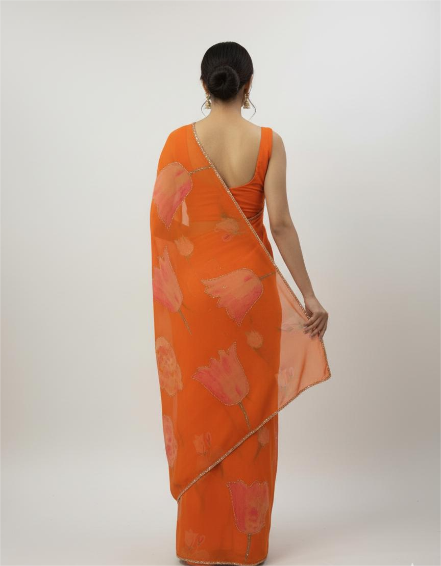 Tangerine Orange Chiffon Printed Saree