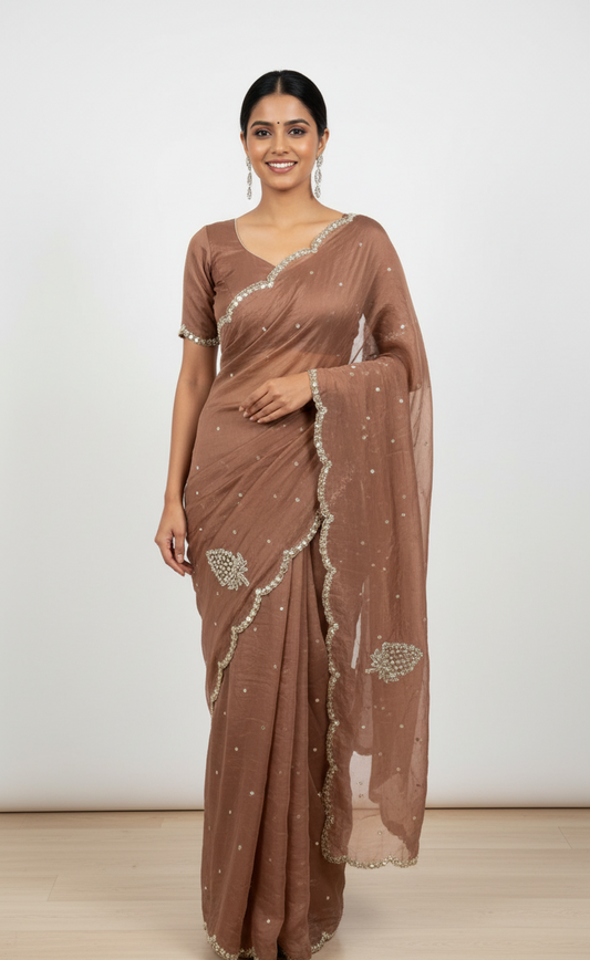 coffee brown crystal work saree