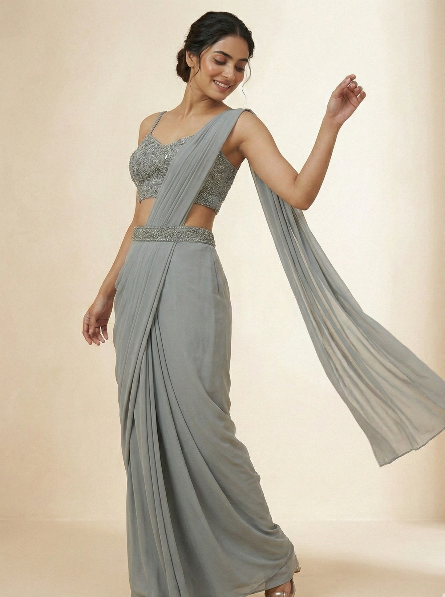 Grey Embroidered Drape Saree Set