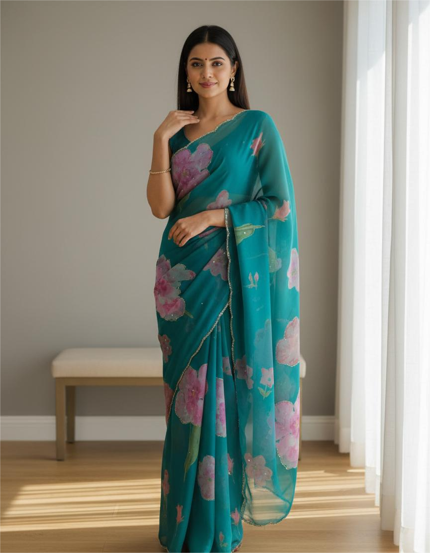Teal Green Chiffon Printed Saree