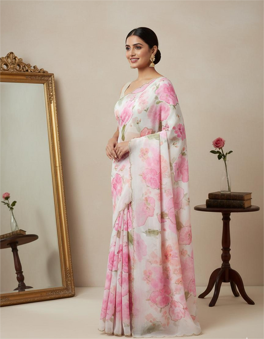 Chiffon White Printed Saree