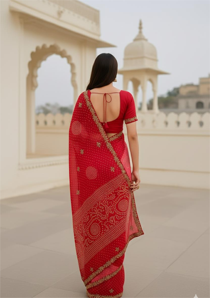 Red Gottal patti Pure Georgette Saree