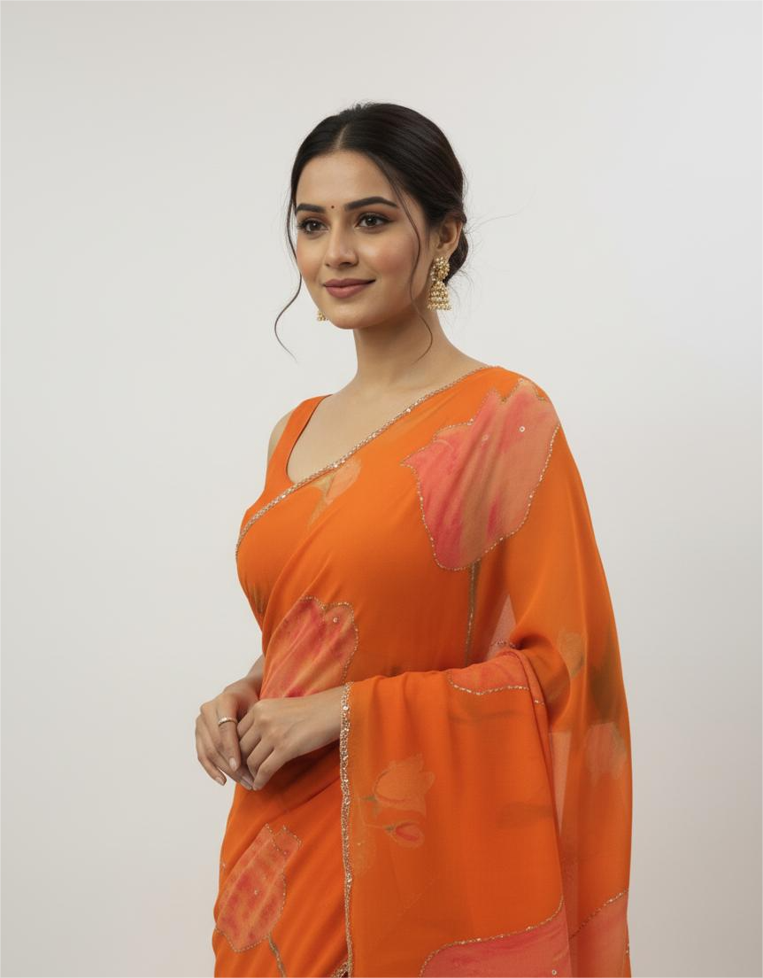Tangerine Orange Chiffon Printed Saree
