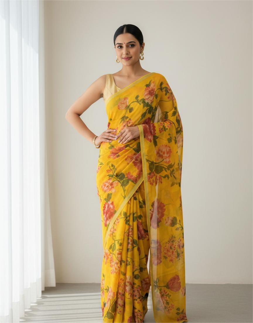 Yellow Floral Printed Pure Chiffon Saree