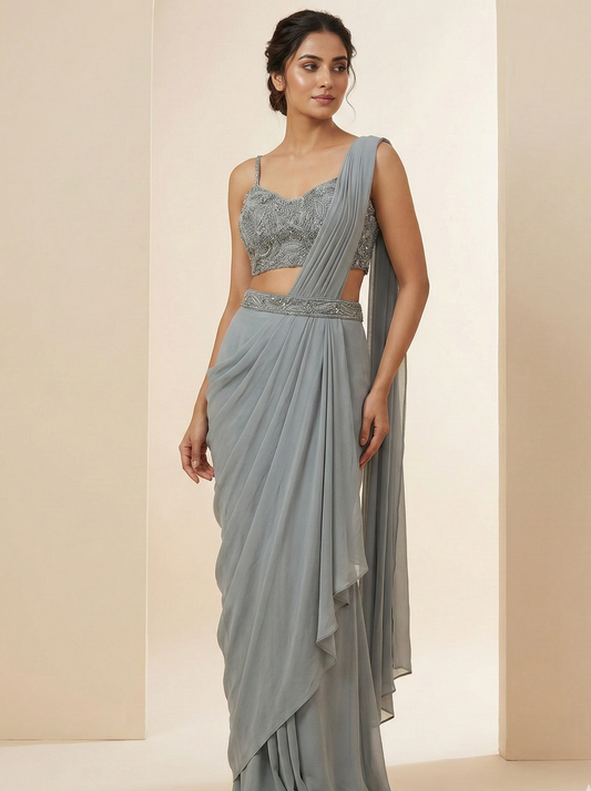 Grey Embroidered Drape Saree Set