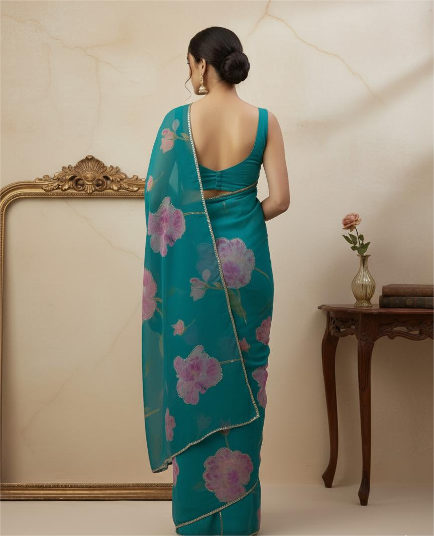 Teal Green Chiffon Printed Saree