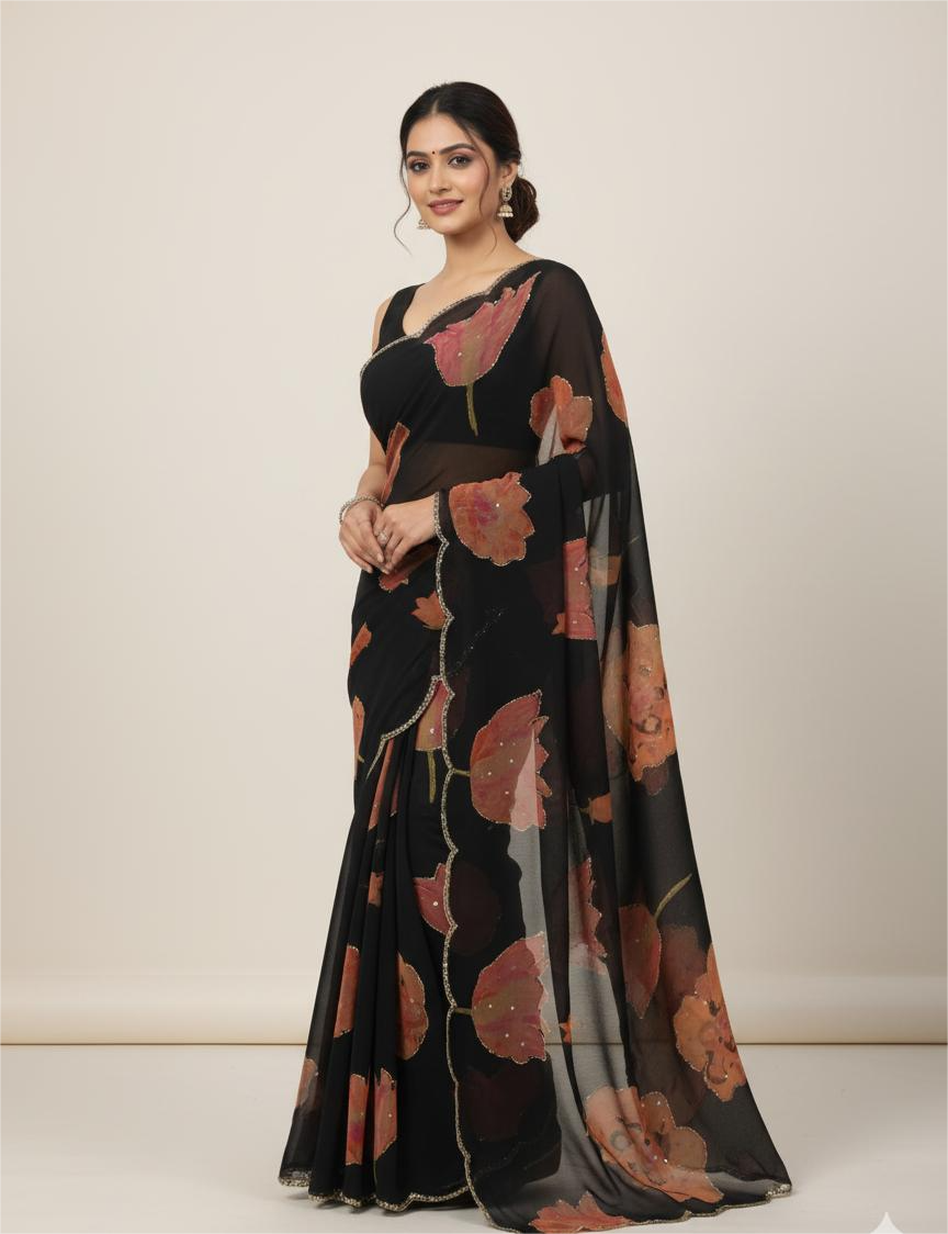 Black Chiffon Printed Saree