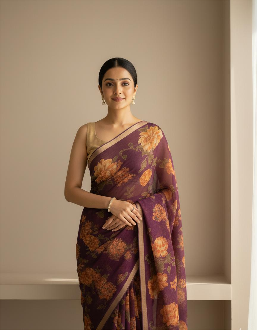 Brown Chiffon Printed Saree