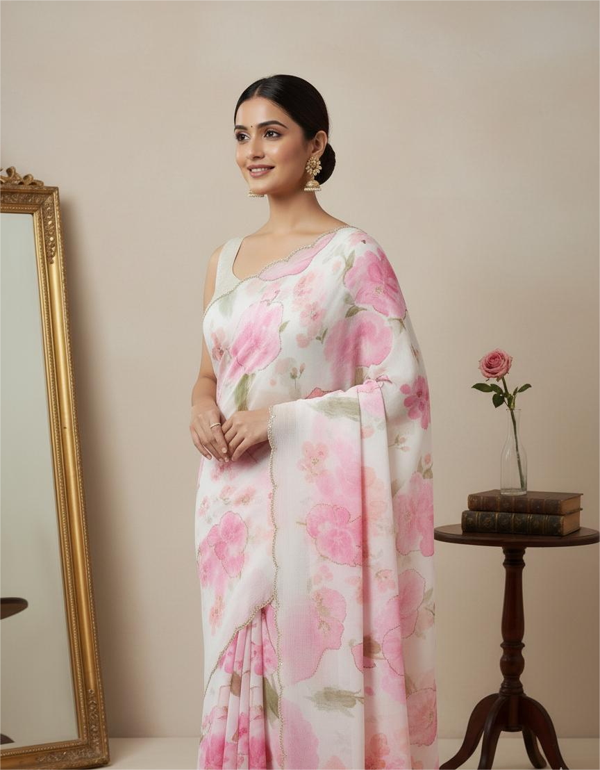 Chiffon White Printed Saree