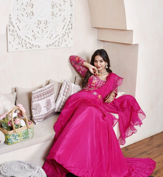 Pink drape saree