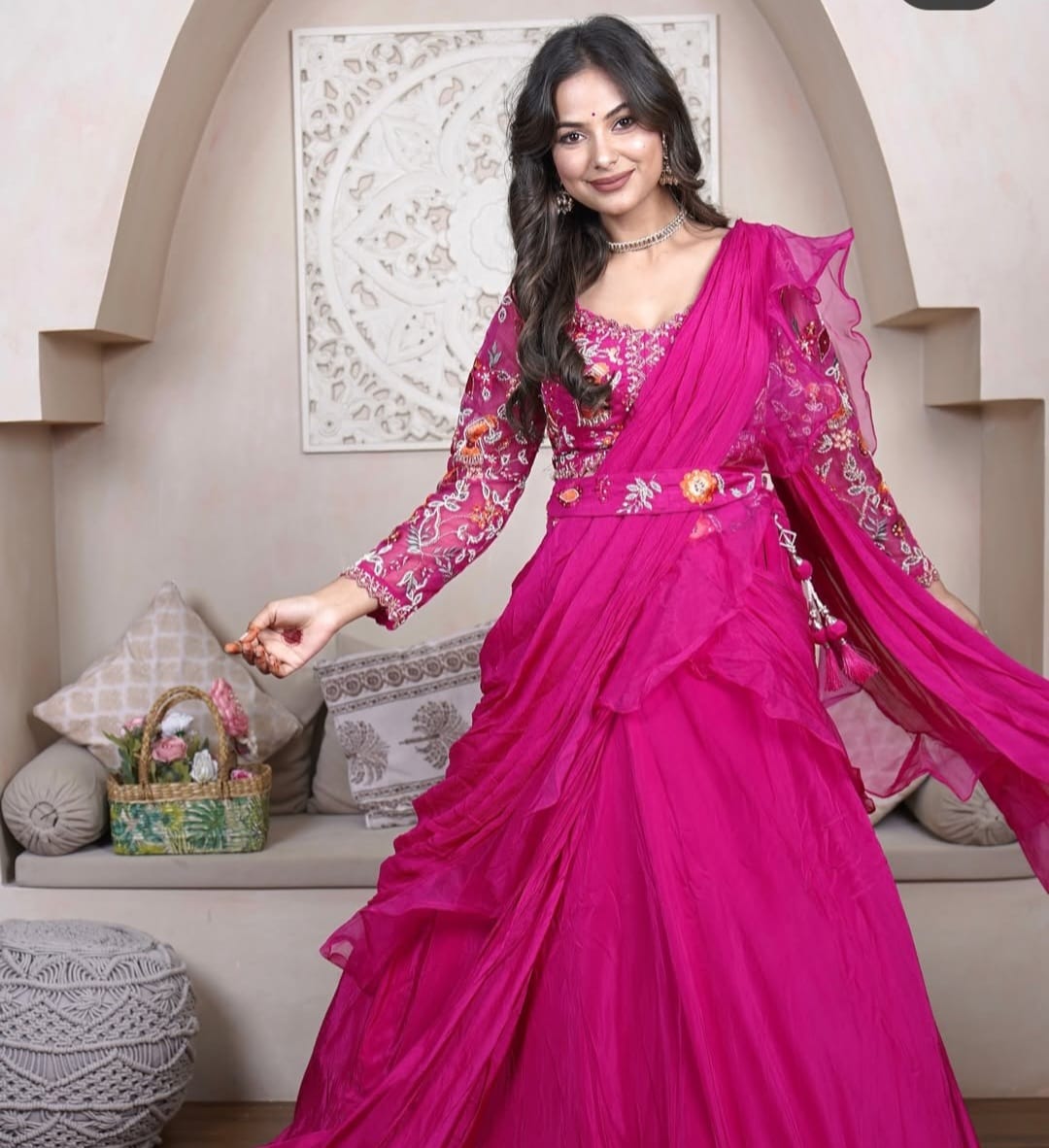 Pink drape saree